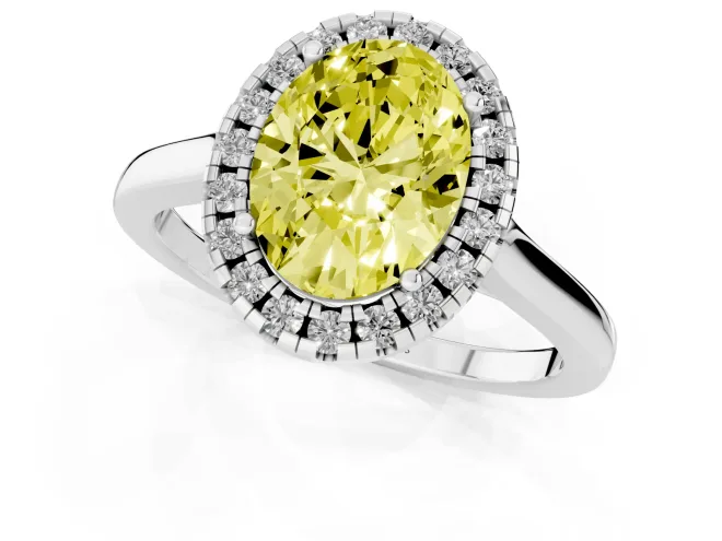 Fancy Yellow Oval Cut Halo Round Diamond Solitaire Ring Set in White gold with Pavé Band and Prong Setting – second view