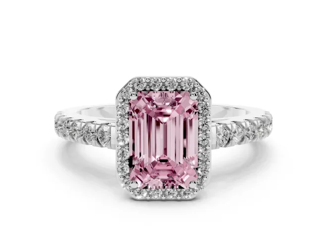 Emerald Cut Halo Pavé Engagement Ring Setting for a Fancy Pink Lab-Grown Diamond | White Gold