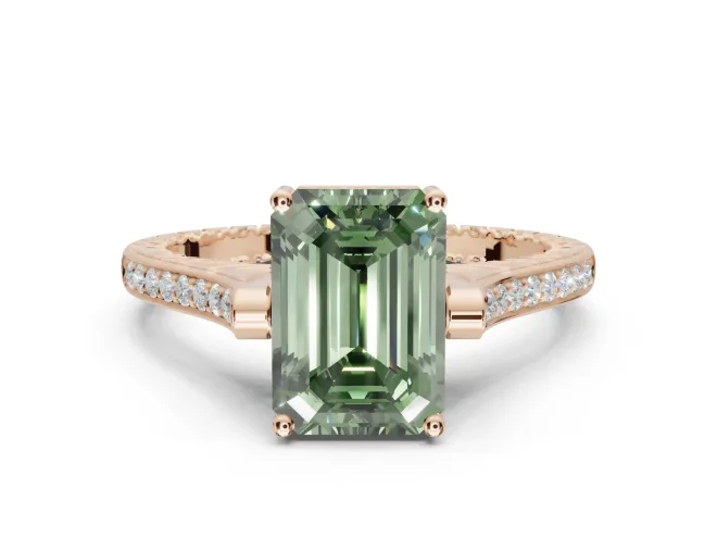 Emerald Cut Vintage Cathedral Engagement Ring Setting for a Fancy Green Lab-Grown Diamond | Carved Band | Rose Gold