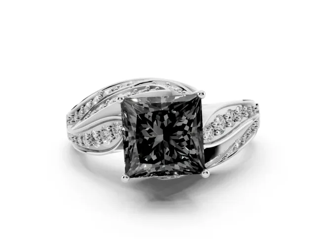Fancy Black Princess Cut Diamond Solitaire Ring Set in Silver with Layered Twist Pavé Band
