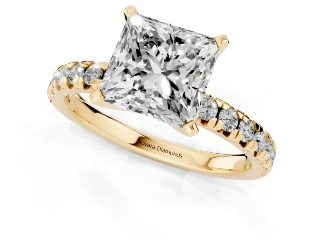 Princess Cut Diamond Solitaire Pavé Engagement Ring Set in Yellow gold with Round Band and Prong Setting – second view