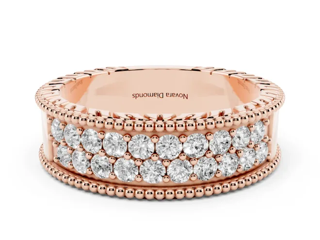 Round Lab-Grown Diamond Wide Double Row Pavé Wedding Band | Notched Side Walls | Rose Gold