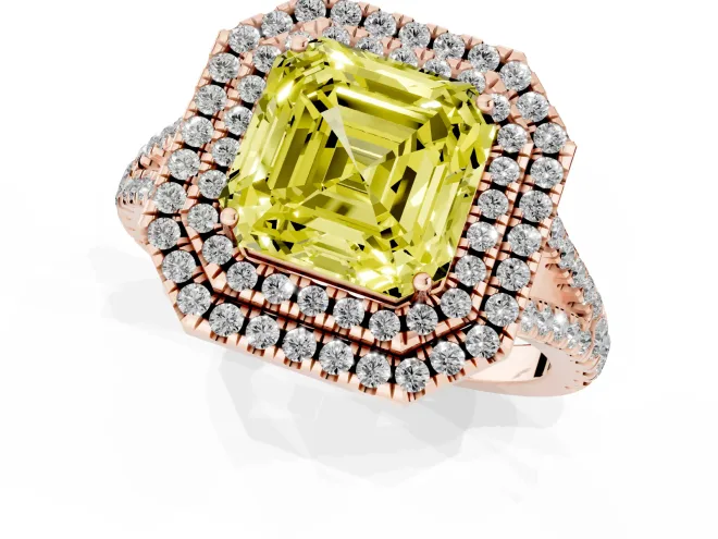 Fancy Yellow Asscher Cut Diamond Double Halo Ring Set in Rose gold with Pavé Band – second view