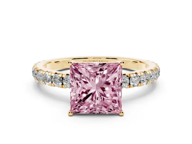 Fancy Pink Princess Cut Diamond Pavé Solitaire Engagement Ring Set in Yellow gold with Prong Setting