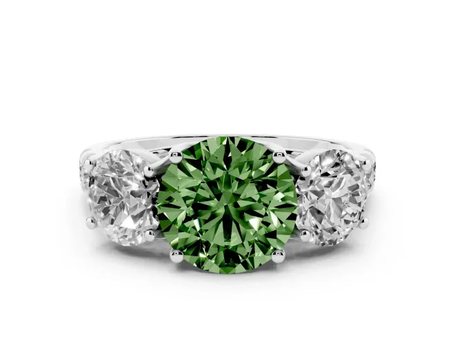 Fancy Green Round Cut Diamond Three-Stone Ring Set in Silver with Pavé Band