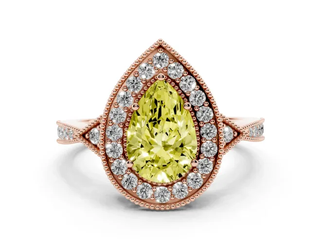 Pear-Shaped Milgrain Halo Engagement Ring Setting for a Fancy Yellow Lab-Grown Diamond | Graduated Pavé | Rose Gold