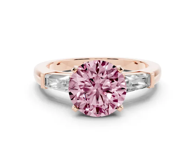 Round Three Stone Engagement Ring Setting for a Fancy Pink Lab-Grown Diamond | Tapered Baguettes | Rose Gold