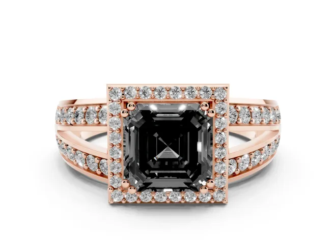 Fancy Black Asscher Cut Diamond Halo Ring Set in Rose gold with Double Pavé Split Shank