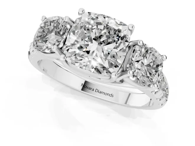 Cushion Cut Diamond Three-Stone Ring Set in White gold with Pavé Band – second view
