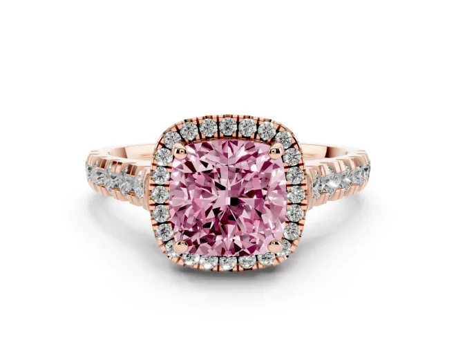 Cushion Cut Accented Halo Engagement Ring Setting for a Fancy Pink Lab-Grown Diamond | Rose Gold
