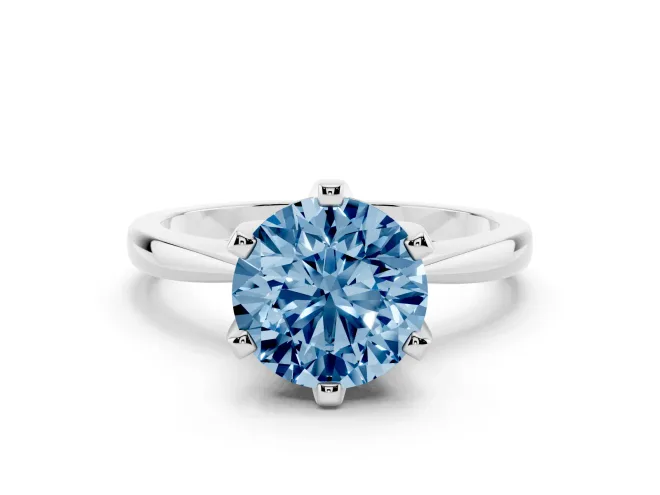 Fancy Blue Round Cut Diamond Solitaire Engagement Ring Set in Silver with Slim Tapered Solitaire Band
