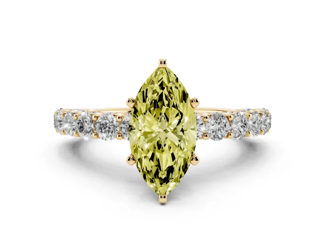 Fancy Yellow Marquise Cut Diamond Solitaire Ring Set in Yellow gold with Shared Prong Pavé Band