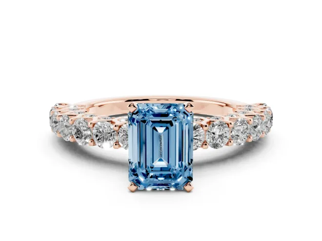 Emerald Cut Shared Prong Engagement Ring Setting for a Fancy Blue Lab-Grown Diamond | Rose Gold