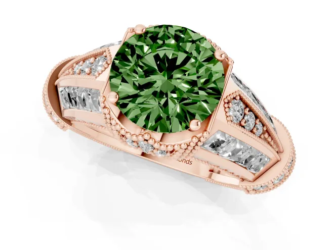 Fancy Green Round Cut Diamond Vintage-Inspired Milgrain Ring Set in Rose gold with Accent Split Shank – second view