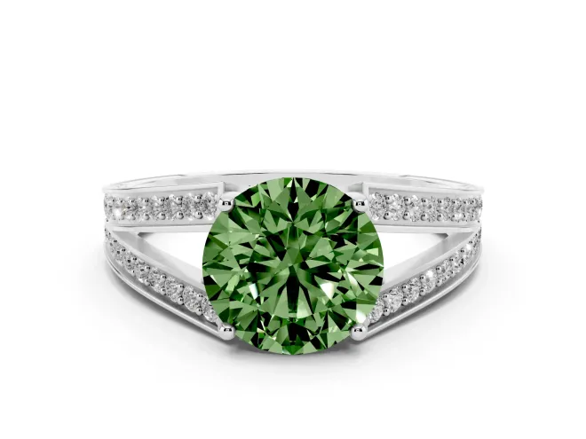 Fancy Green Round Cut Diamond Split Shank Ring Set in Silver with Pavé Band and Prong Setting