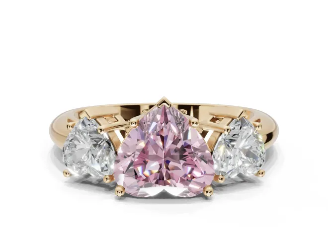 Heart-Shaped Three Stone Engagement Ring Setting for a Fancy Pink Lab-Grown Diamond | Plain Band | Yellow Gold