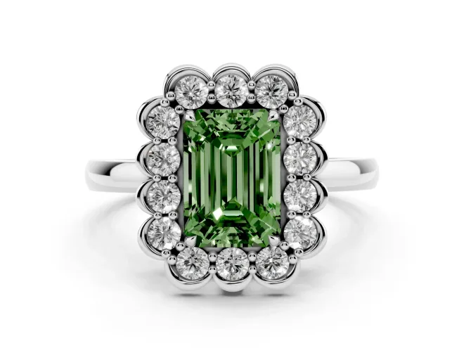 Emerald Cut Scalloped Cluster Halo Engagement Ring Setting for a Fancy Green Lab-Grown Diamond | Plain Band | White Gold