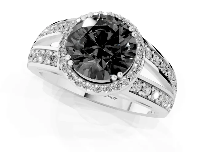 Fancy Black Round Cut Diamond Halo Ring Set in Platinum with Double Pavé Split Shank – second view