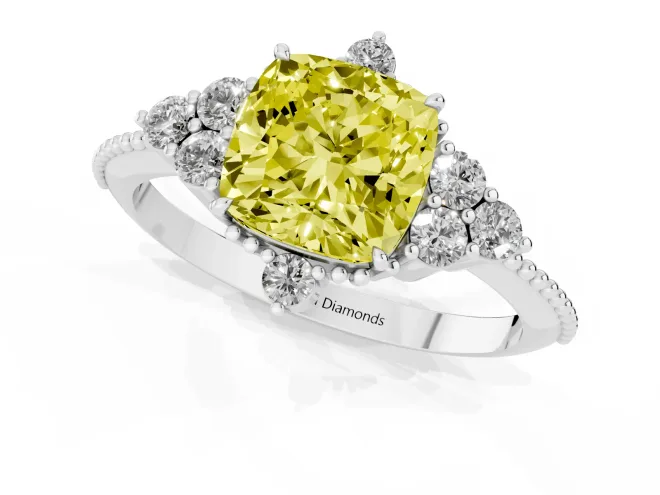 Fancy Yellow Cushion Cut Diamond Cluster Ring Set in Platinum with Beaded Band – second view