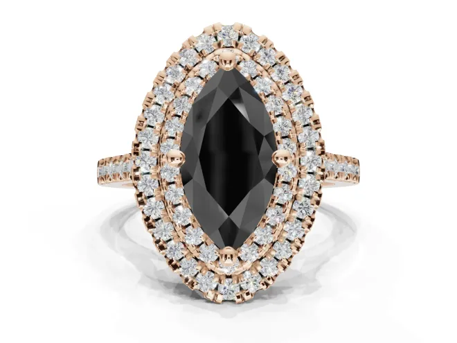 Marquise Double Halo Engagement Ring Setting for a Black Center | Pavé Shoulders | Rose Gold