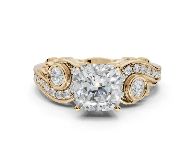 Cushion Cut Vintage Swirl Engagement Ring Setting | Bezel Side Accents | Yellow Gold