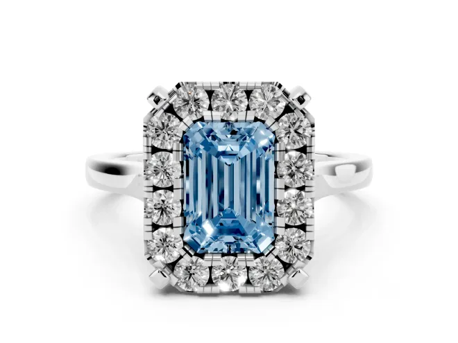 Emerald Cut Claw Corner Halo Engagement Ring Setting for a Fancy Blue Lab-Grown Diamond | Slim Plain Band | White Gold