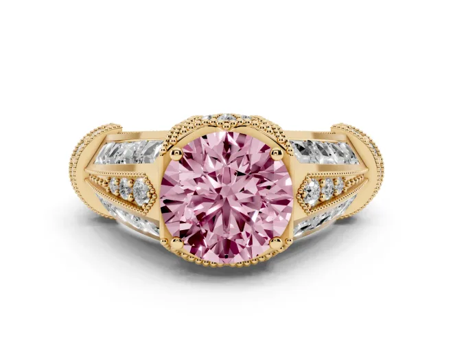 Round Vintage Milgrain Engagement Ring Setting for a Fancy Pink Lab-Grown Diamond | Hidden Halo | Yellow Gold
