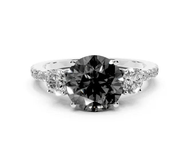 Round Three Stone Engagement Ring Setting for a Black Center | Pavé Shoulders | White Gold