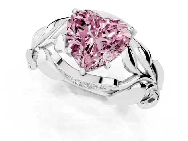 Fancy Pink Heart Cut Diamond Leaf-Inspired Engagement Ring Set in Silver with Round Accents – second view