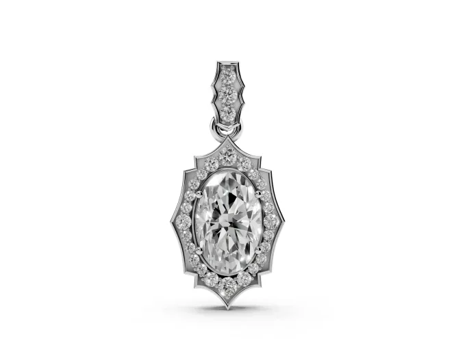 Oval Lab-Grown Diamond Art Deco Halo Pendant Necklace | Scalloped Frame | Sterling Silver
