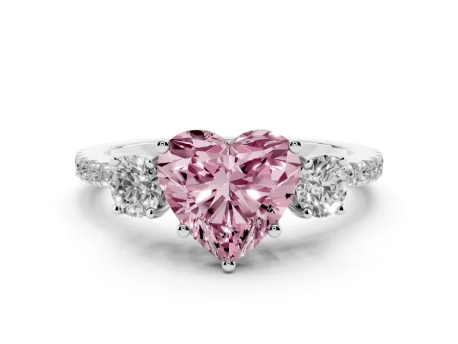 Heart-Shaped Three Stone Engagement Ring Setting for a Fancy Pink Lab-Grown Diamond | Pave Shoulders | Sterling Silver