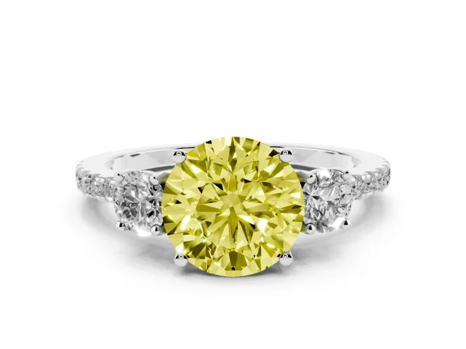 Fancy Yellow Round Cut Diamond Three-Stone Ring Set in White gold with Pavé Band and Graduated Sides