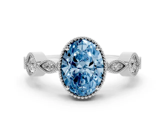 Fancy Blue Oval Cut Diamond Vintage-Inspired Milgrain Ring Set in Silver with Marquise Stations of Round Accents
