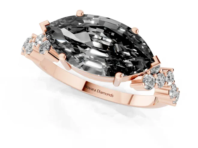 Fancy Black Marquise Cut Diamond Ring Set in Rose gold with Scattered Round Accents – second view