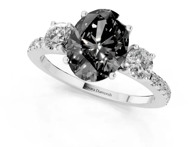 Fancy Black Oval Cut Diamond Three-Stone Ring Set in White gold with Pavé Band and Graduated Sides – second view