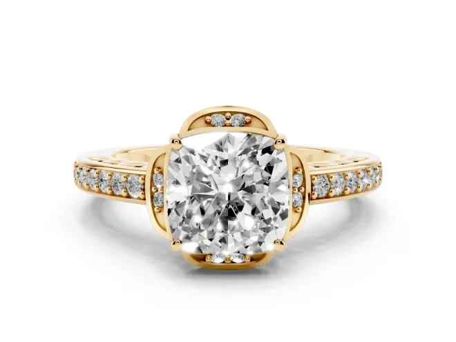 Cushion Cut Floral Pavé Engagement Ring Setting | Petal Accents | Yellow Gold