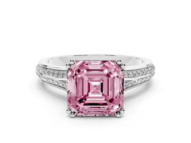 Asscher Cut Split Shank Engagement Ring Setting for a Fancy Pink Lab-Grown Diamond | Pavé Band | Sterling Silver