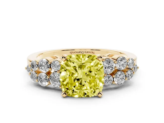 Cushion Cut Side Stone Engagement Ring Setting for a Fancy Yellow Lab-Grown Diamond | Shoulder Clusters | Yellow Gold