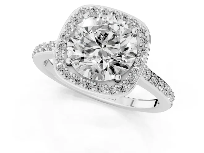 Round Cut Diamond Halo Engagement Ring Set in Platinum with Round Pavé Shoulders and Heart Gallery – second view