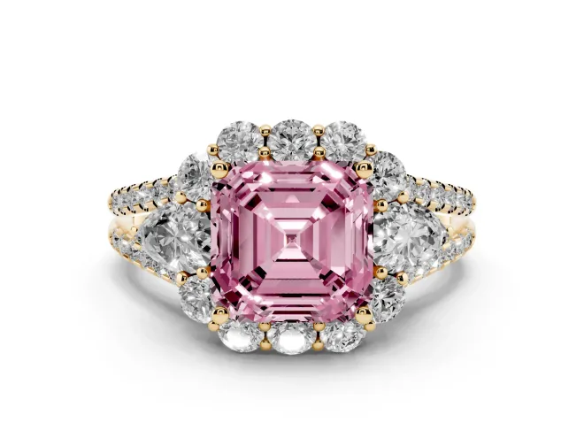 Asscher Cut Scalloped Halo Engagement Ring Setting for a Fancy Pink Lab-Grown Diamond | Pear Side Stones | Yellow Gold