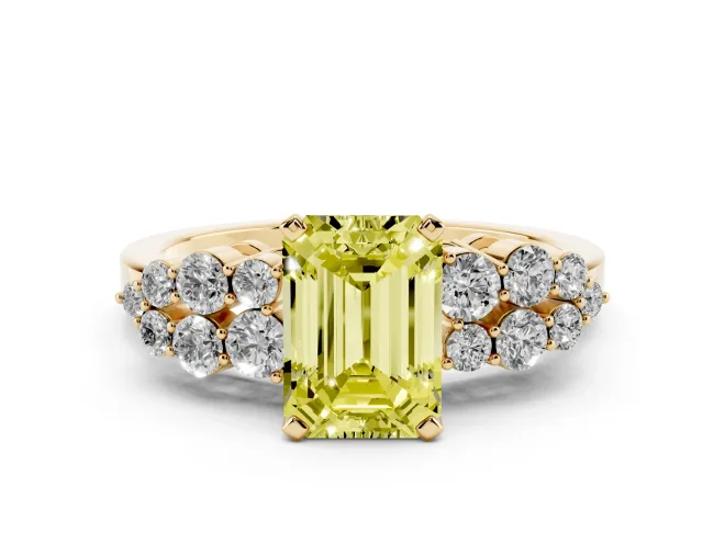Emerald Cut Side Stone Engagement Ring Setting for a Fancy Yellow Lab-Grown Diamond | Shoulder Clusters | Yellow Gold