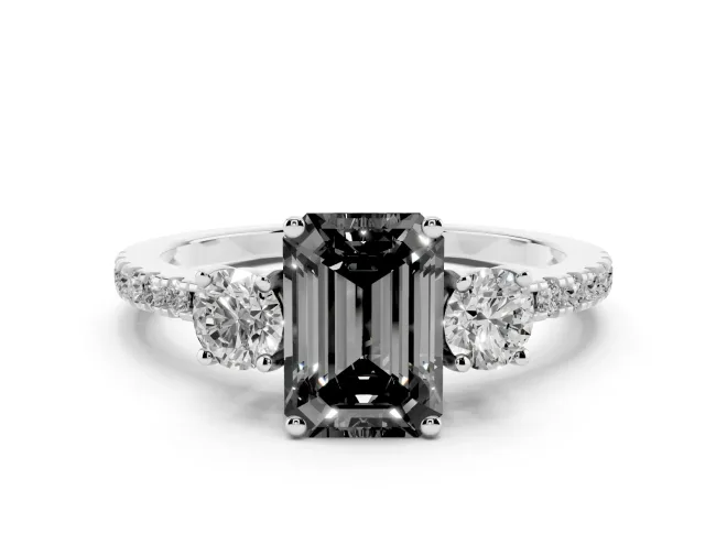 Fancy Black Emerald Cut Diamond Three-Stone Ring Set in White gold with Pavé Band and Graduated Sides