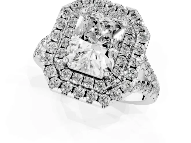 Radiant Cut Diamond Double Halo Ring Set in White gold with Pavé Split Shank and Prong Setting – second view