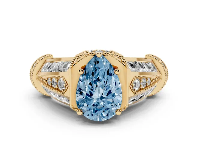Fancy Blue Pear Cut Diamond Vintage-Inspired Milgrain Ring Set in Yellow gold with Accent Split Shank