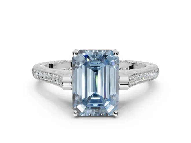 Emerald Cut Vintage Cathedral Engagement Ring Setting for a Fancy Blue Lab-Grown Diamond | Carved Band | Sterling Silver