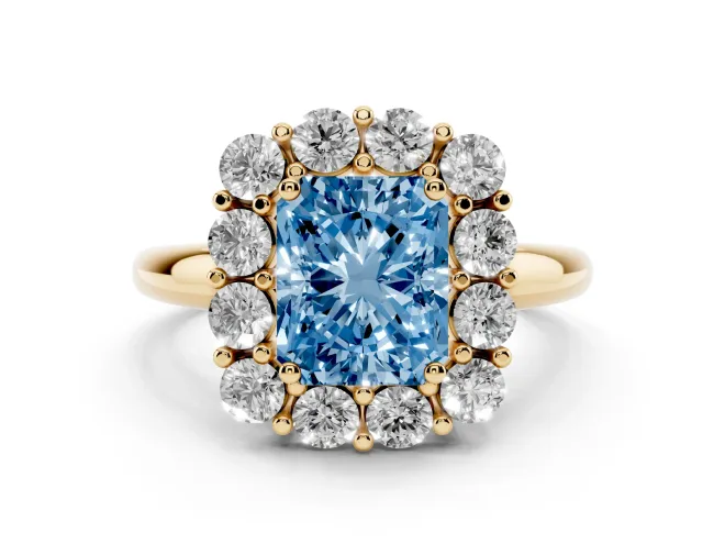 Radiant Cut Cluster Halo Engagement Ring Setting for a Fancy Blue Lab-Grown Diamond | Large Round Accents | Yellow Gold
