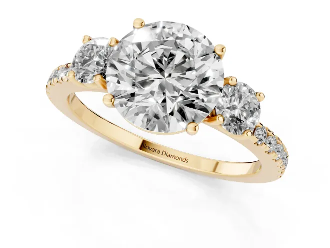 Round Cut Diamond Three-Stone Ring Set in Yellow gold with Pavé Band and Graduated Sides – second view