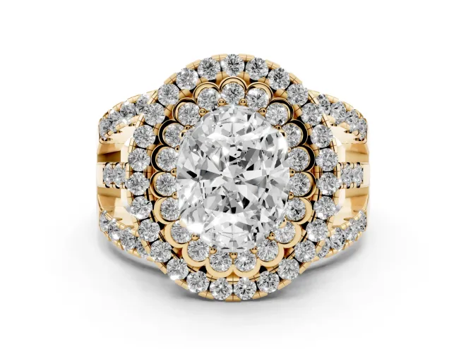 Oval Cut Diamond Double Halo Ring Set in Yellow gold with Round Pavé Split Shank