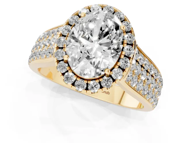 Oval Cut Diamond Halo Ring Set in Yellow gold with Pavé Band and Raised Center Setting – second view