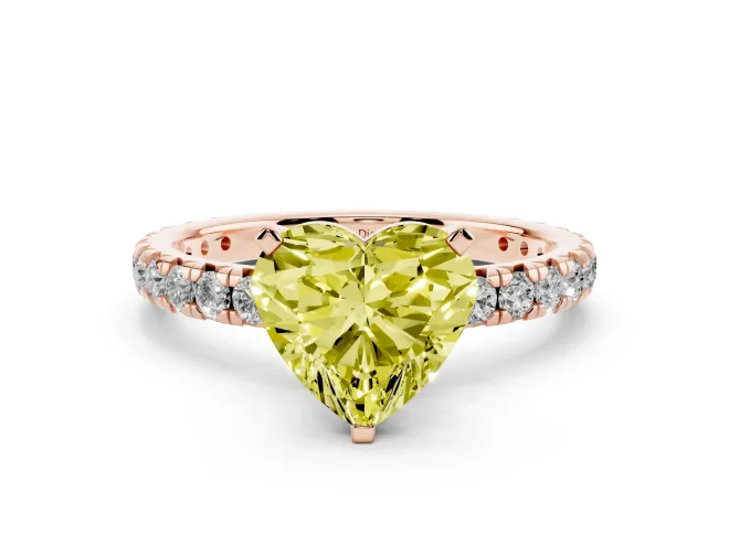 Fancy Yellow Heart Cut Diamond Pavé Solitaire Ring Set in Rose gold with Round Band and Prong Setting